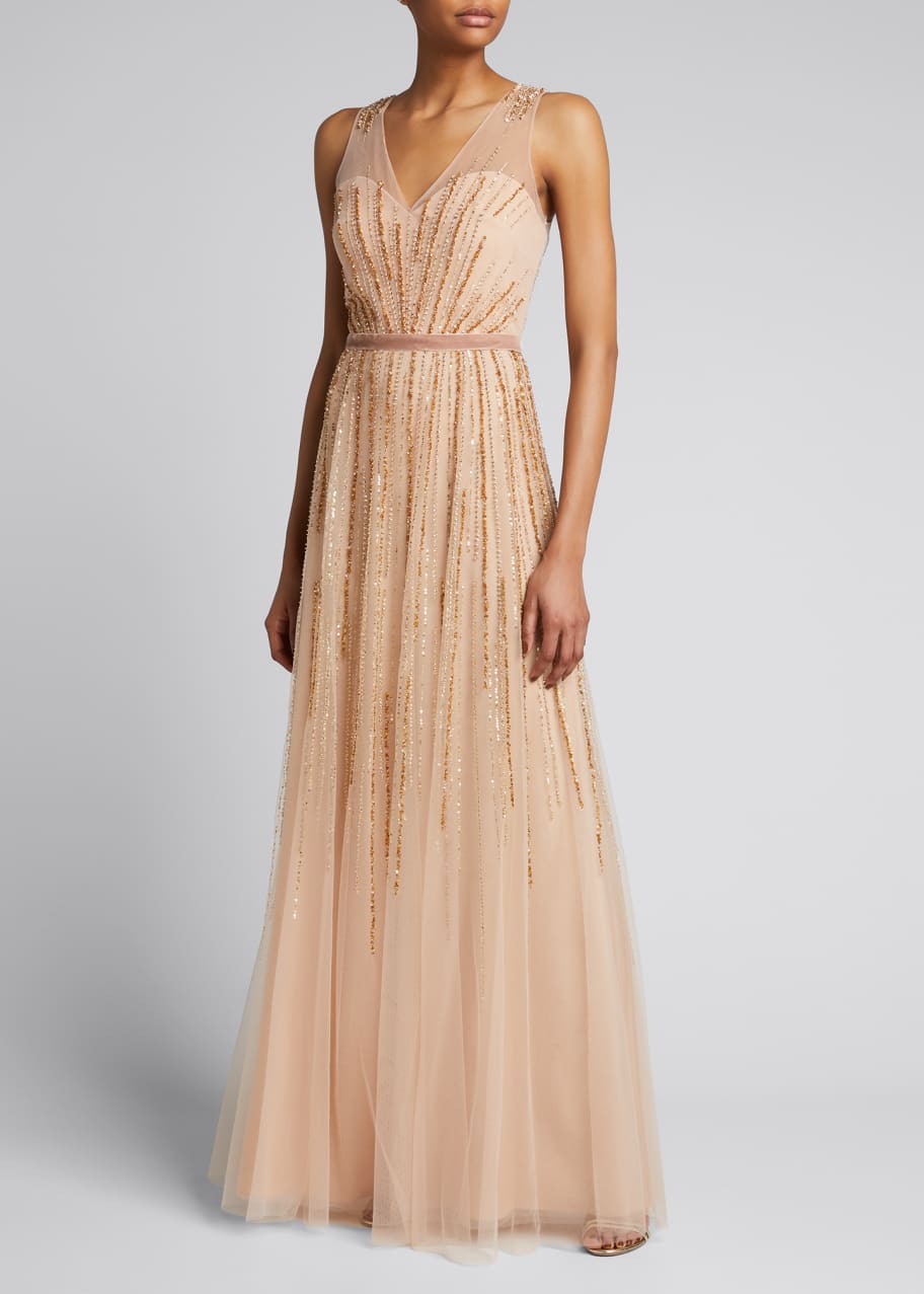 V Neck Sleeveless Beaded Tulle A Line Gown