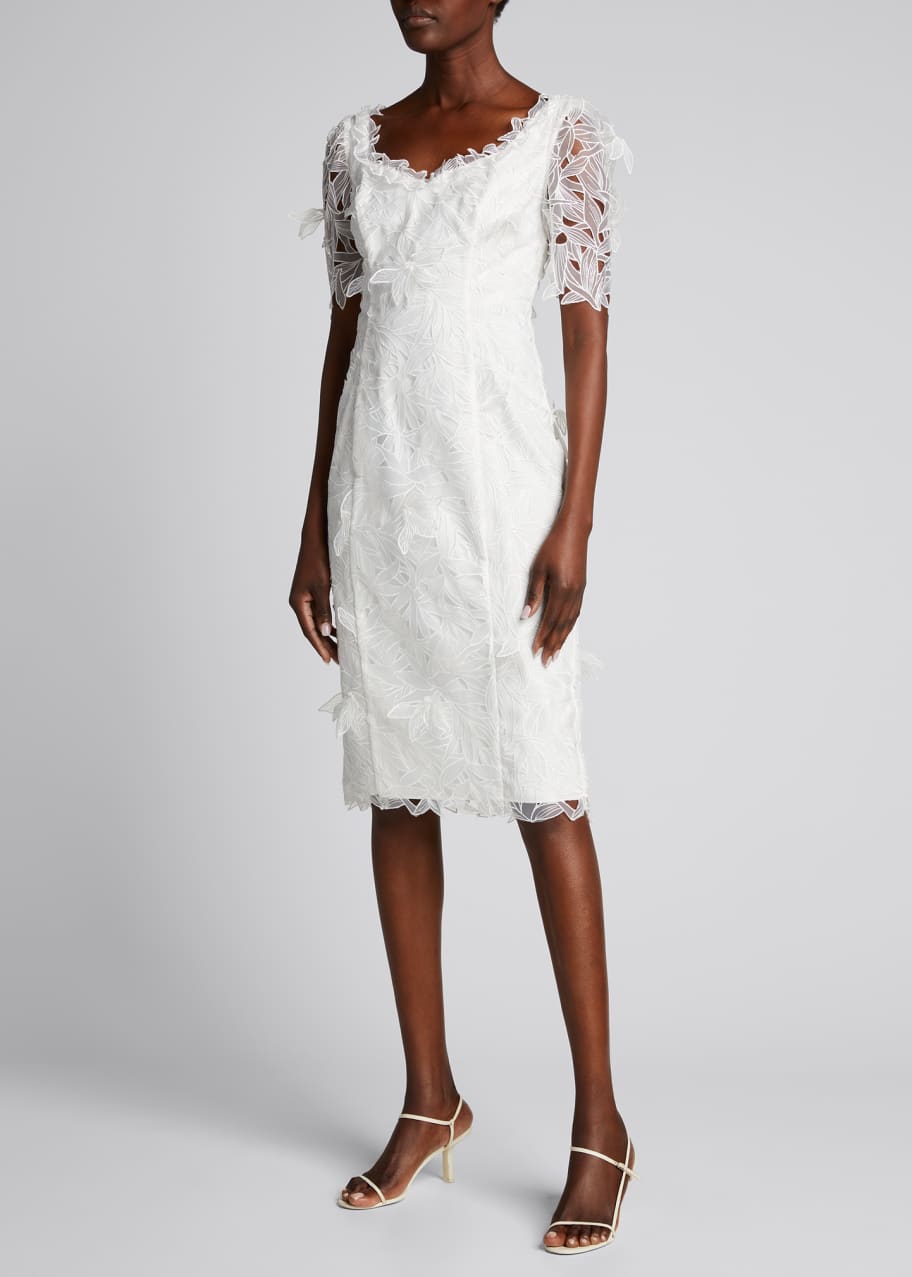 Marchesa Notte Envelope-Neck Embroidered Organza Sheath Dress