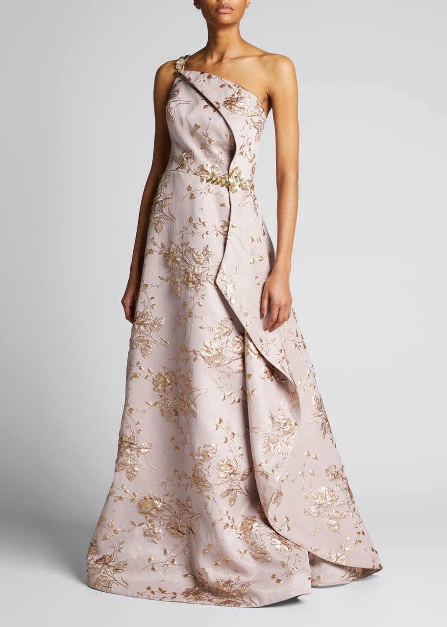 Rickie Freeman for Teri Jon OneShoulder Metallic Flower Jacquard Gown