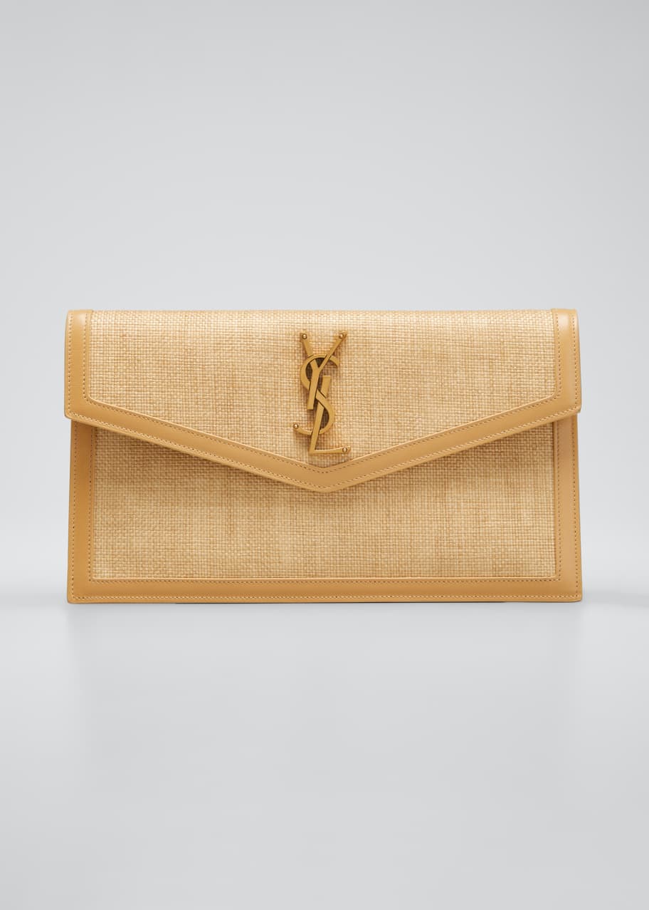 Beige Uptown YSL-plaque faux-raffia leather-trim pouch