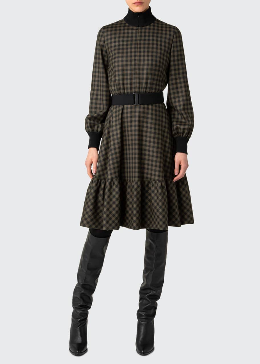 Akris punto Plaid Belted Fit-&-Flare Wool Dress - Bergdorf Goodman