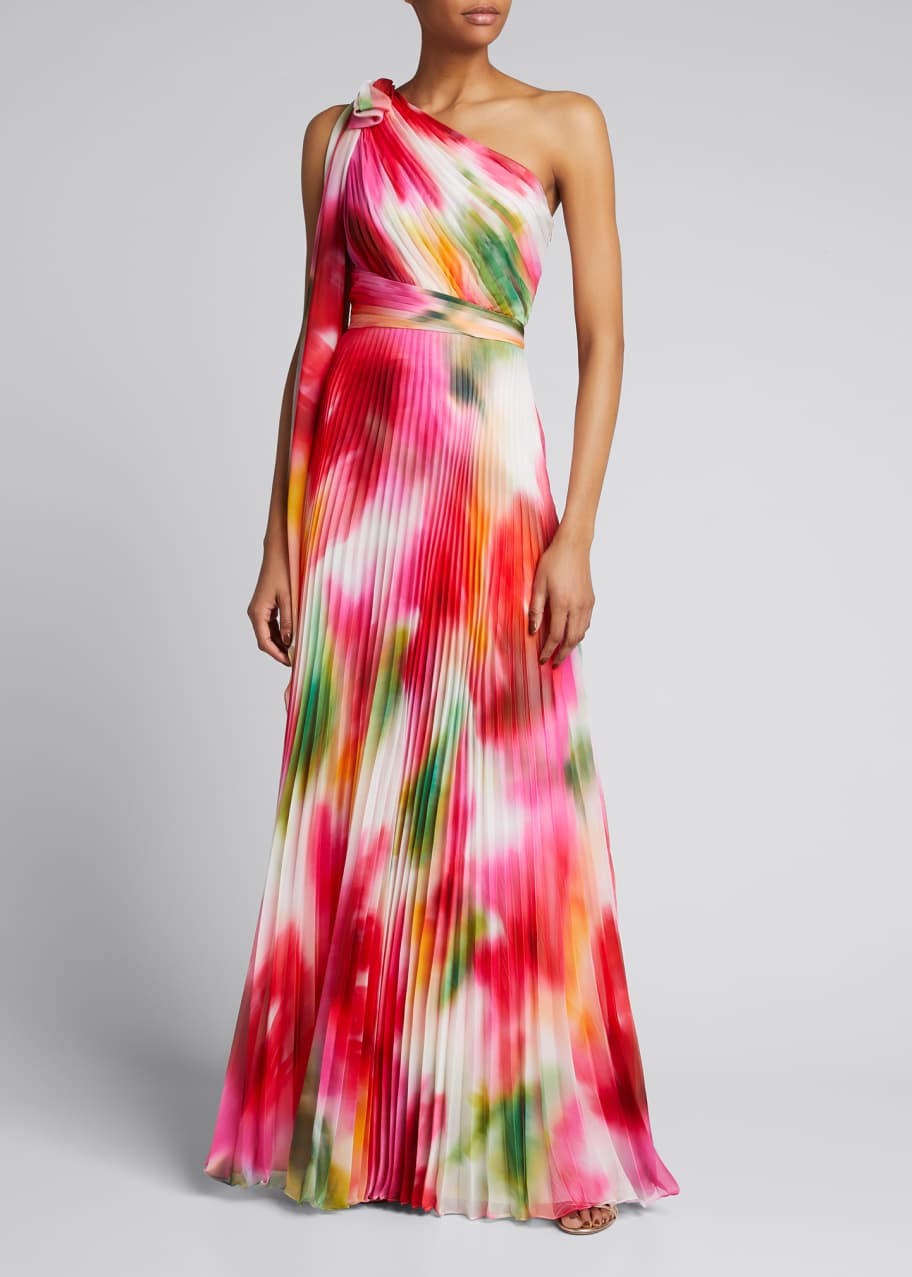One Shoulder Pleated Chiffon Gown w Draped Bow