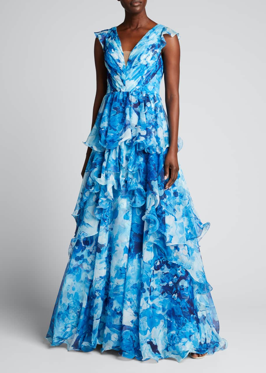 marchesa draped sleeve printed chiffon gown