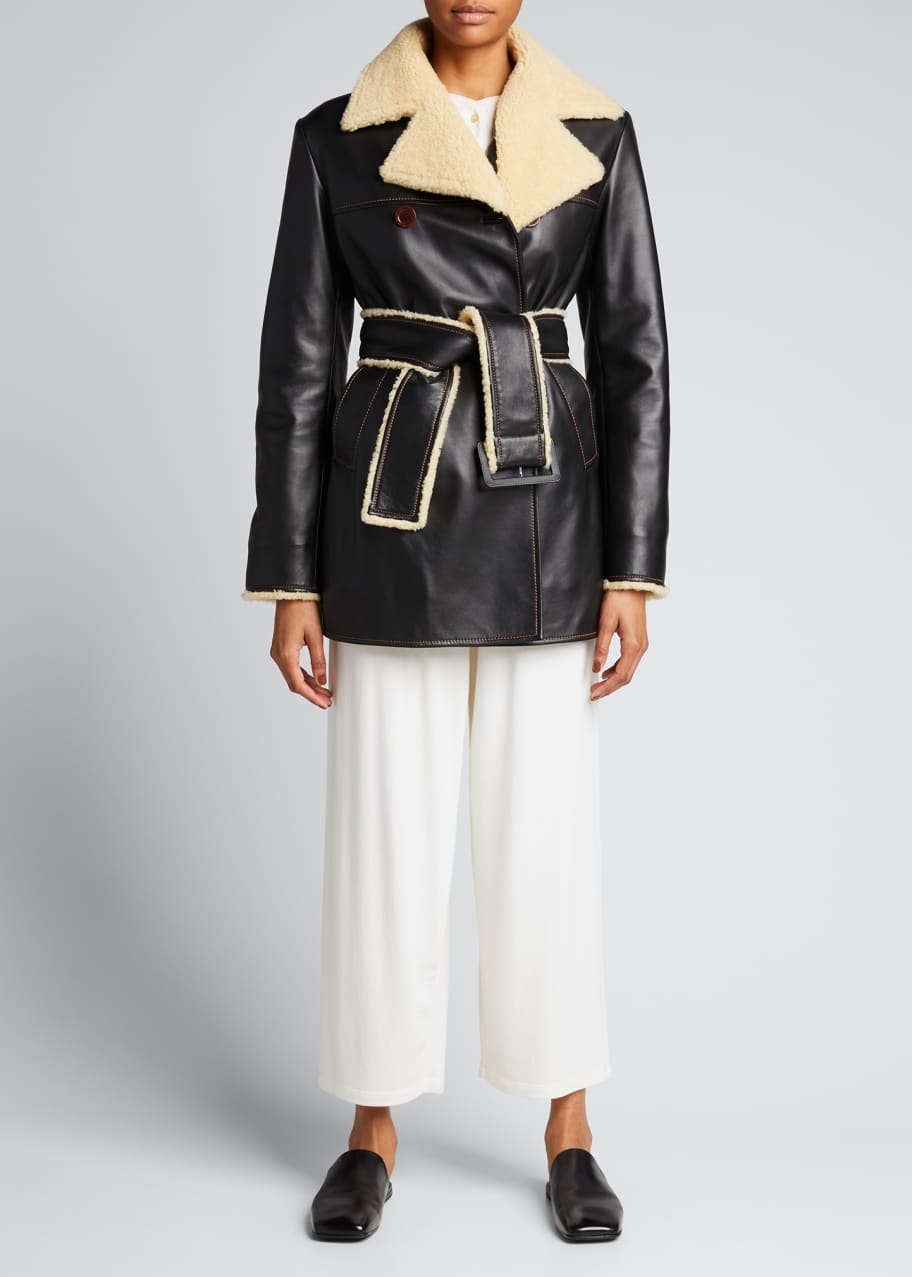 Wales Bonner Double-Breasted Belted Leather Coat w/ Shearling Trim 