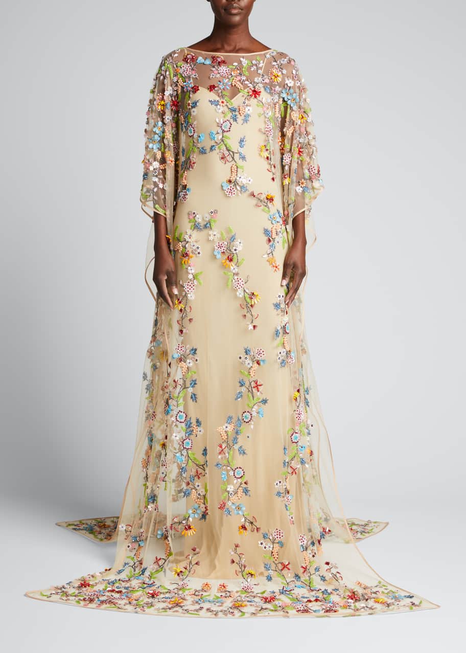 Multicolored Floral Beaded Caftan Gown w Separate Slip