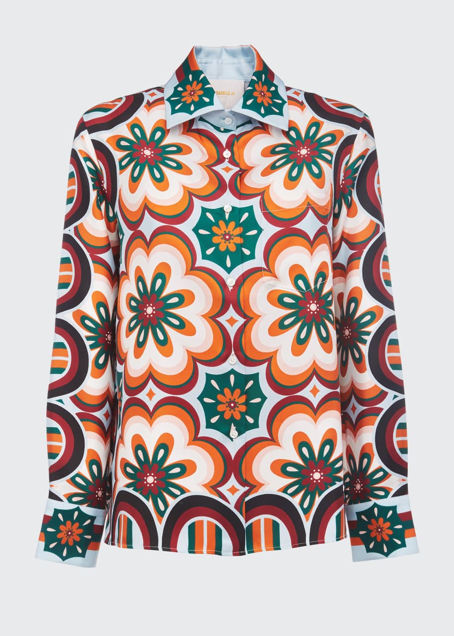 La DoubleJ Boy Tiger Tiles Print Silk Button-Down Shirt - Bergdorf