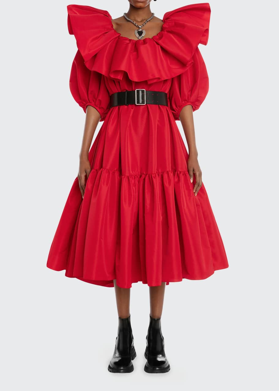 McQueen Exploded-Ruffle Trapeze Midi Dress - Bergdorf Goodman