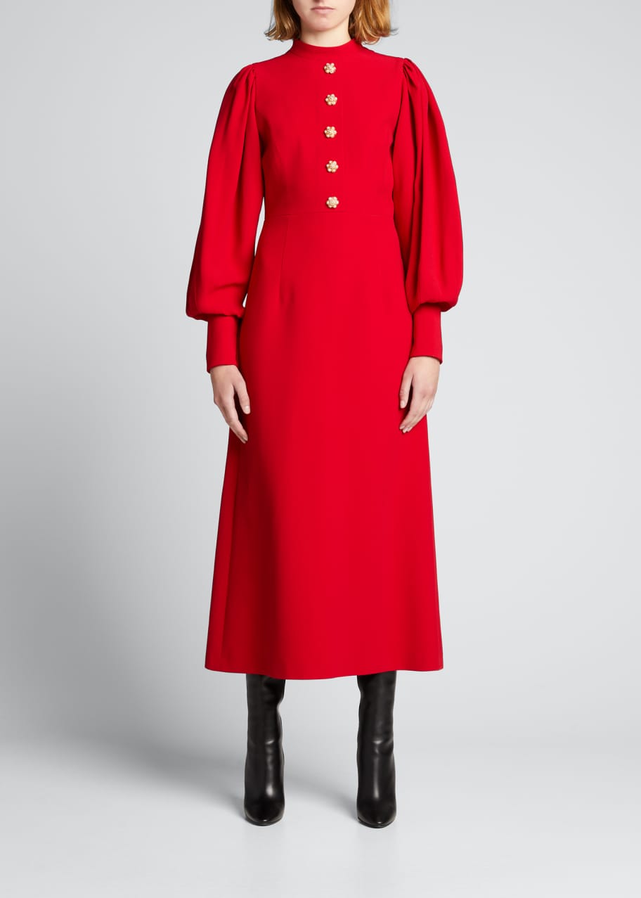 Puff-Sleeve Midi Dress w/ Jeweled Buttons