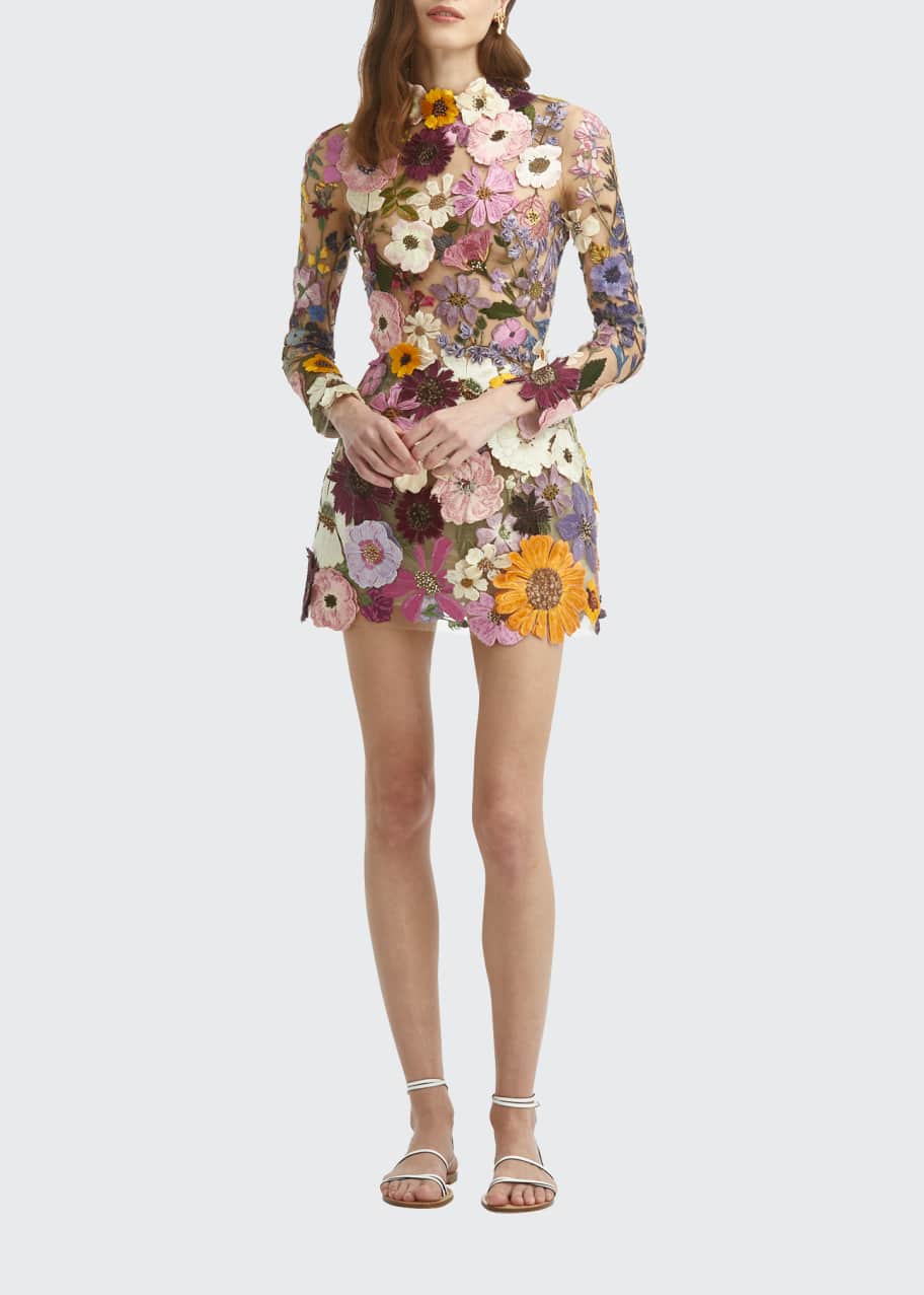 Oscar de la Renta Floral-Embroidered Tulle Mini Dress New Wedding