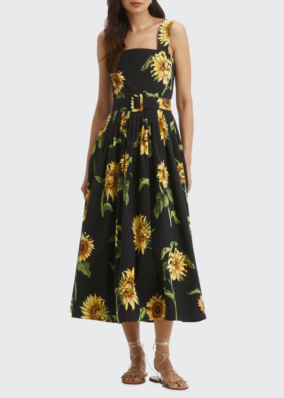 Oscar de la Renta Sunflower-Print Belted Poplin Midi Dress