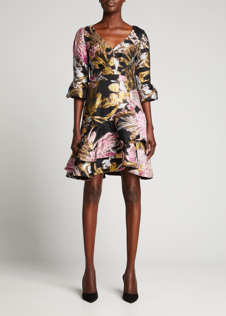 Marchesa Notte Fil Coupe Trumpet-Sleeve Ruffle Dress - Bergdorf Goodman
