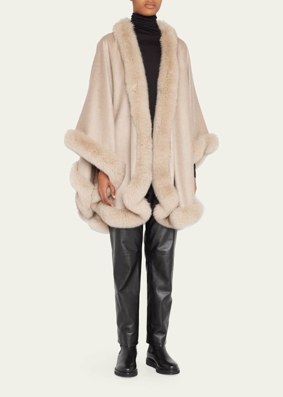 Image 1 of 1: Fox Fur-Trimmed Cashmere U-Cape