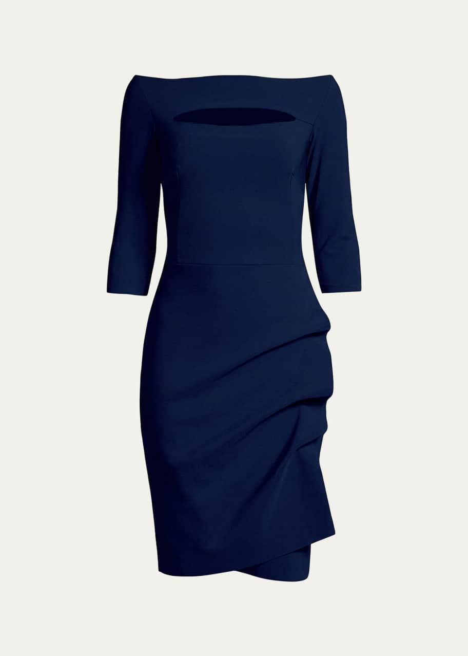 bergdorf cocktail dresses Chiara Boni La Petite Robe Slit-Neck 3/4 Sleeve Ruched Cocktail Dress
