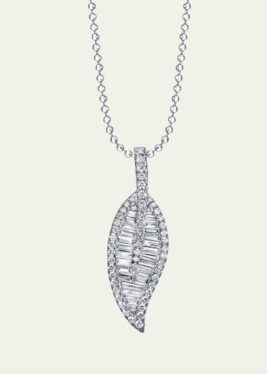 Anita Ko 18K White Gold Large Leaf Pendant 92 ct Baguette, 48 ct Round Diamond