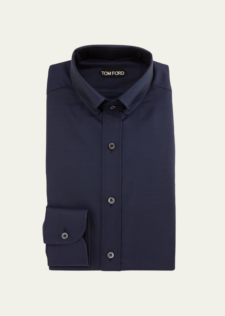 Image 1 of 1: Button-Down Collar Solid Shirt, Blue
