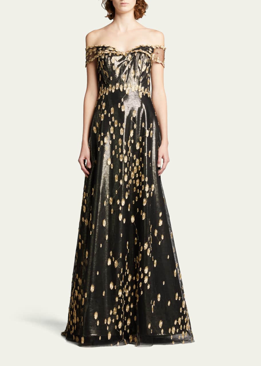 Rene Ruiz Collection Off-Shoulder Metallic A-Line Gown - Bergdorf Goodman
