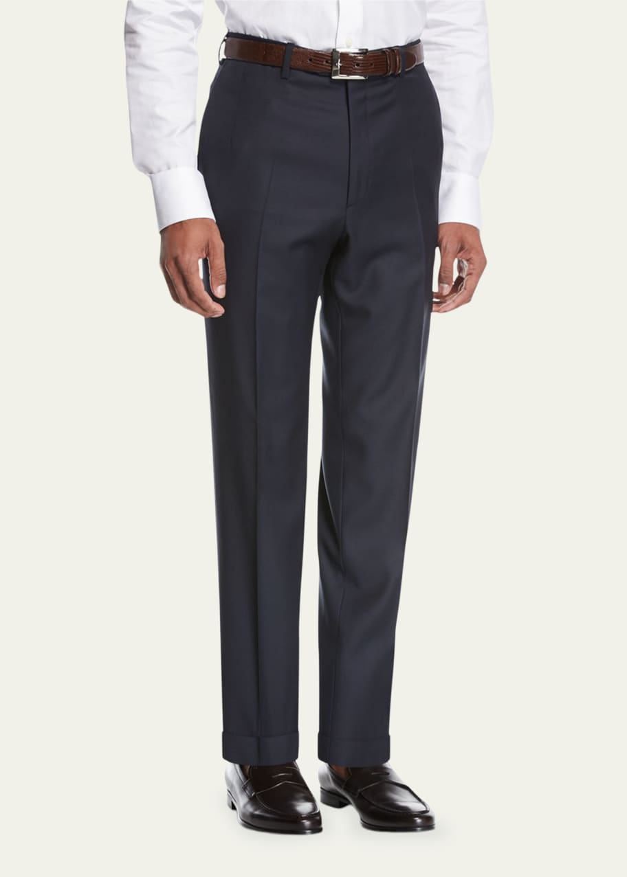 Brioni Wool FlatFront Trousers, Navy Bergdorf Goodman