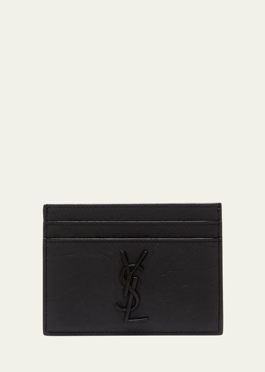 Saint Laurent YSL Monogram Croc-Embossed Leather Card Case, Black