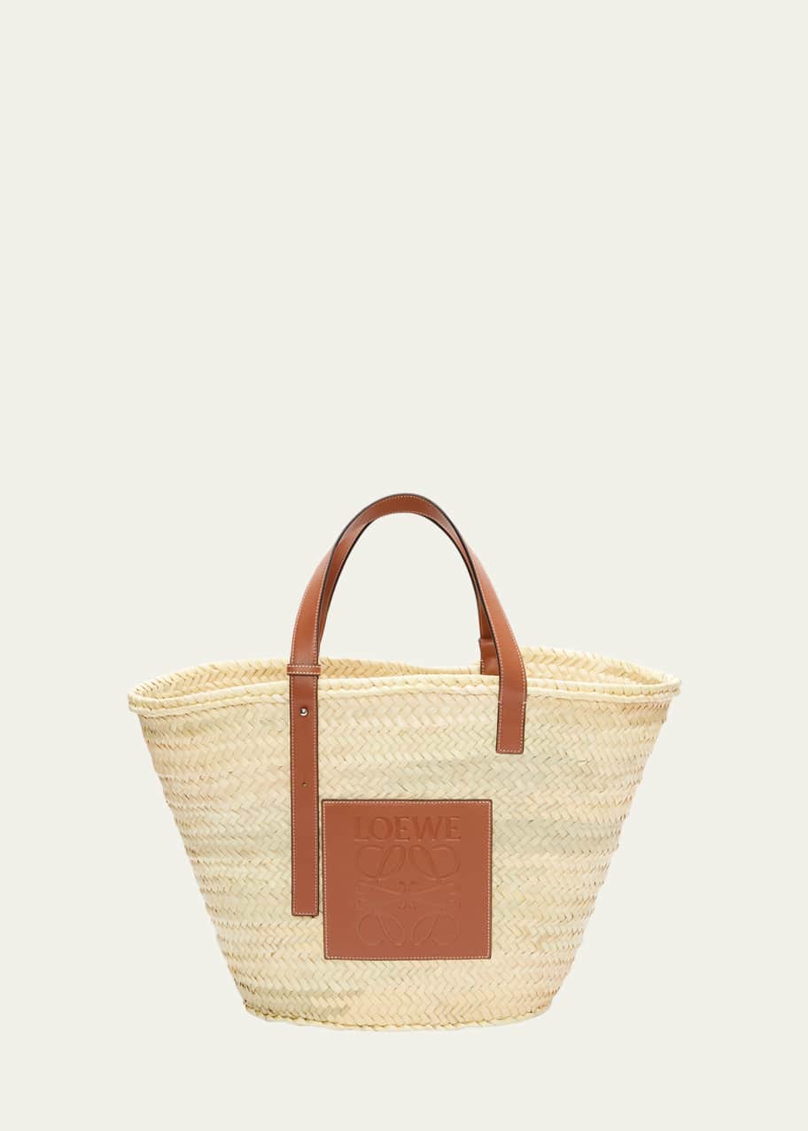 Image 1 of 1: Basket Bag Large in Palm Leaf with Leather Handles