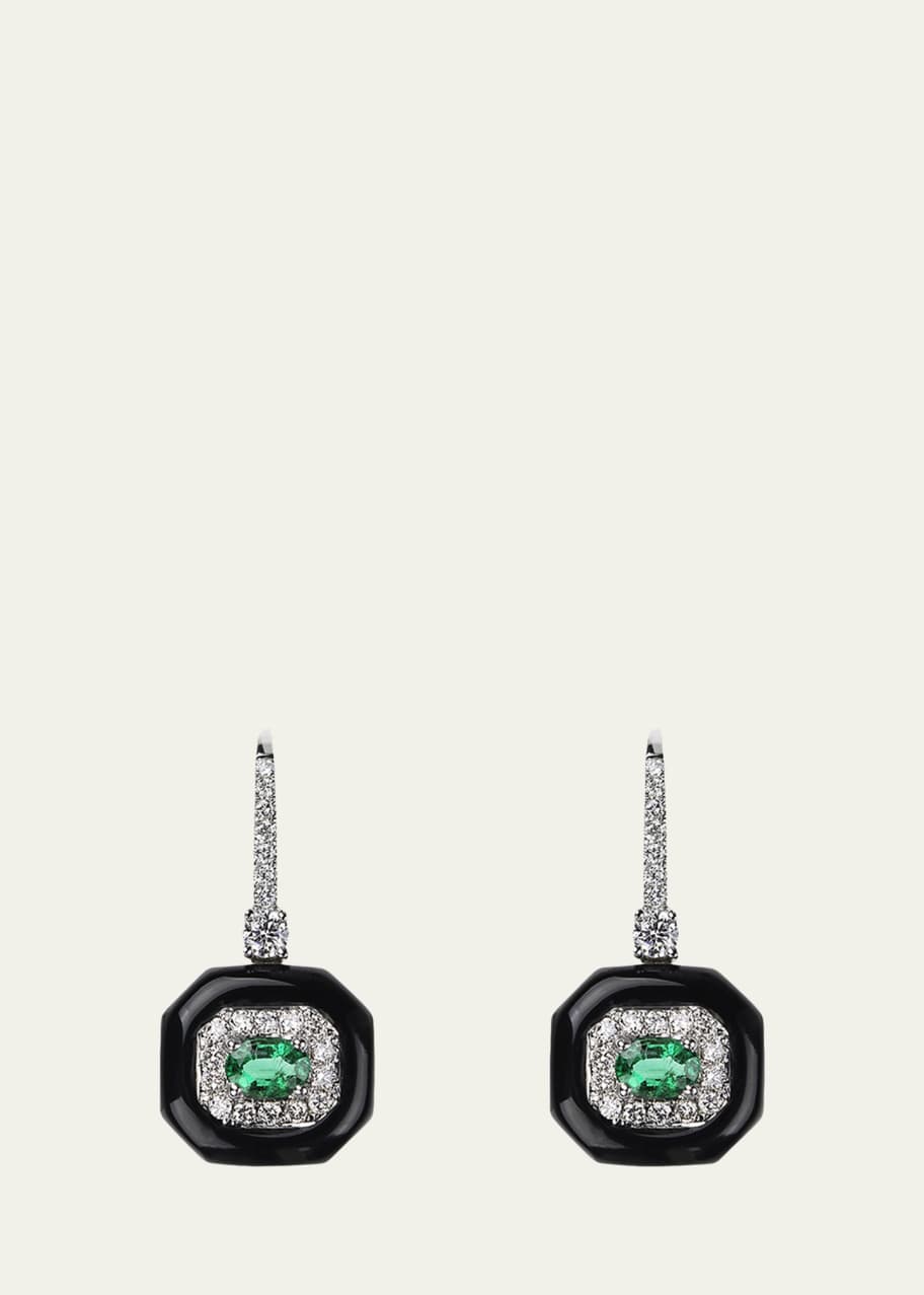 Image 1 of 1: Oui 18k White Gold Black Enamel, Emerald & Diamond Drop Earrings