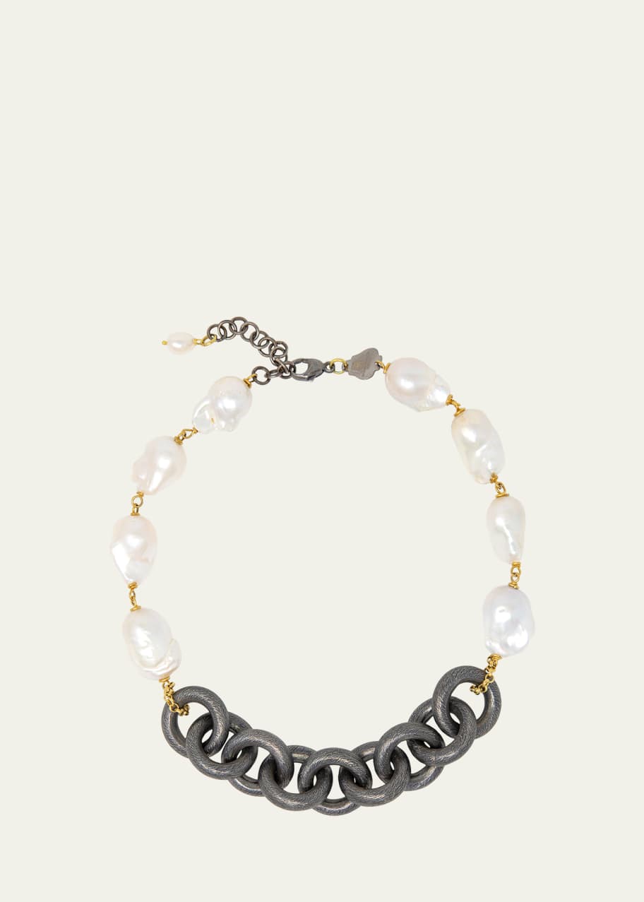 Image 1 of 1: Rosary Necklace with Pearls and Black Silver Chain