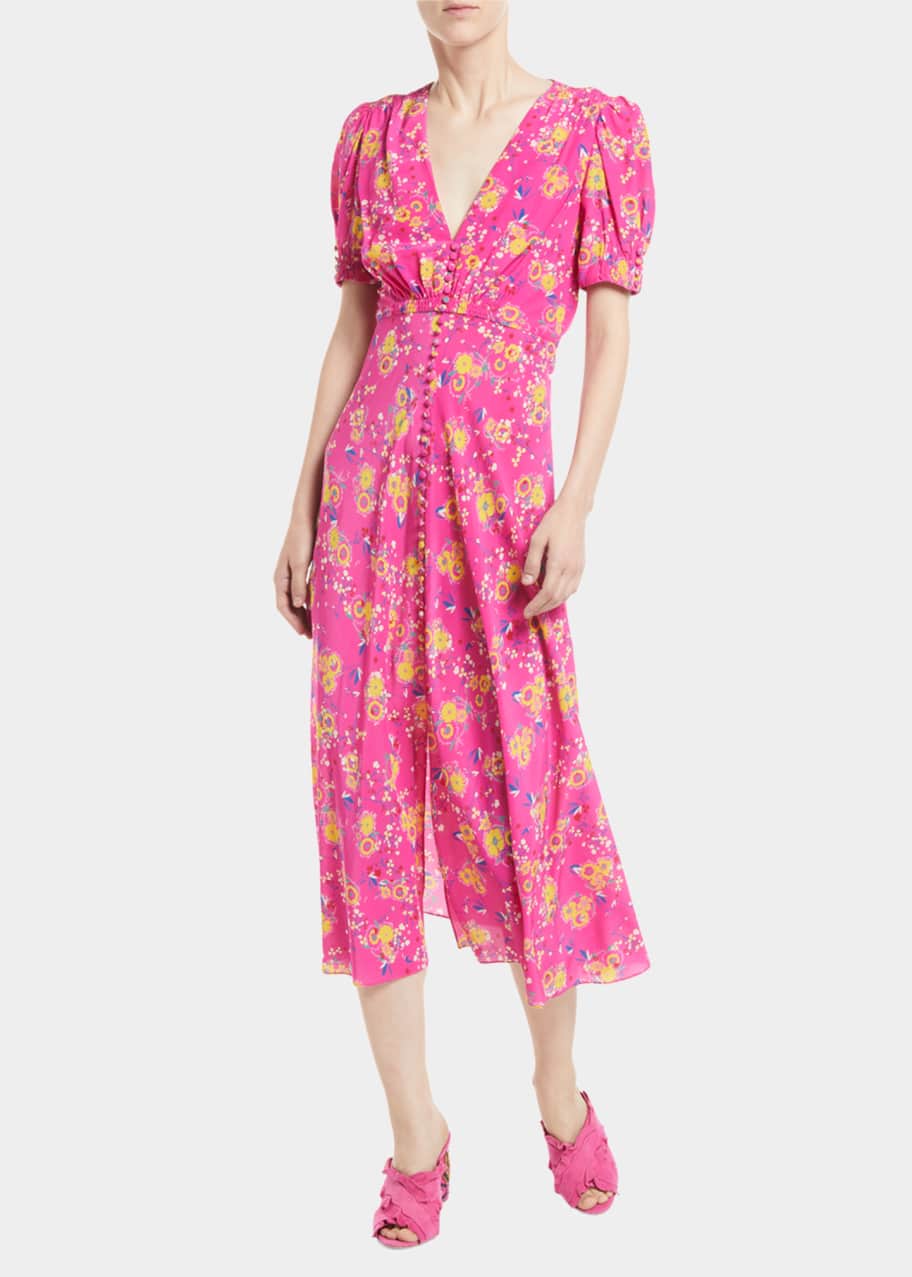 Saloni Lea Floral ButtonFront Midi Dress Bergdorf Goodman