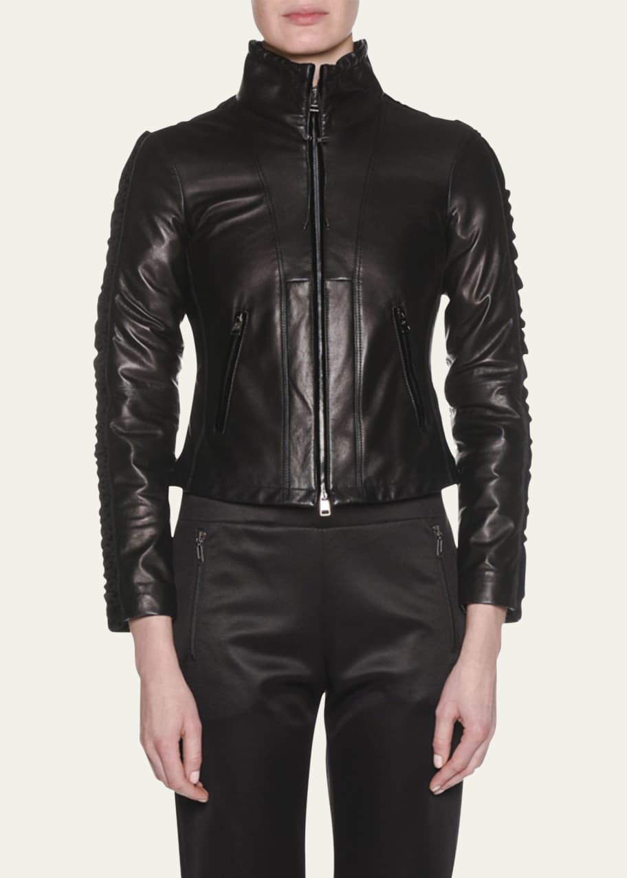 Image 1 of 1: Zip-Front Lamb Leather Jacket w/ Velvet Side Stripe