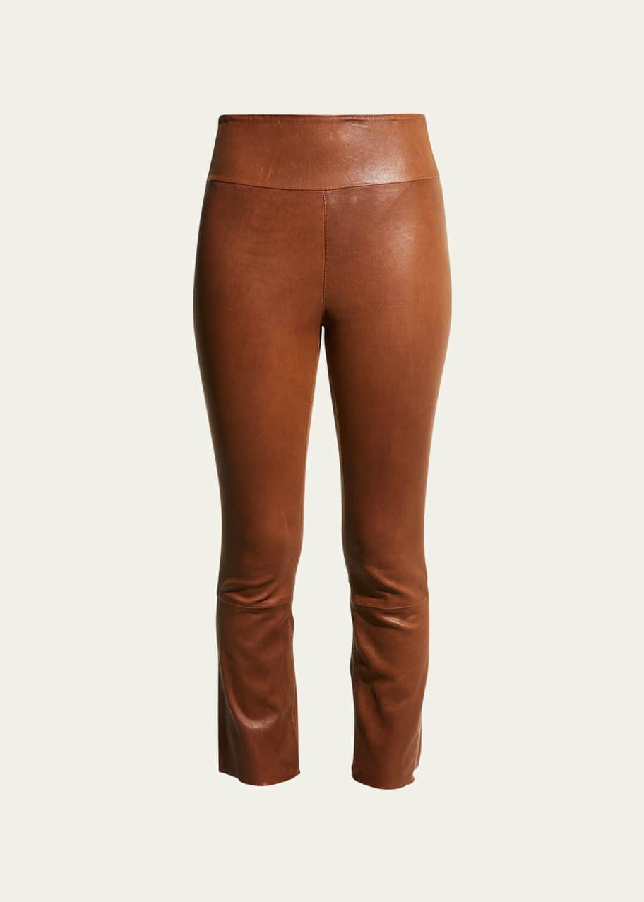 Image 1 of 1: High-Waist Flare-Leg Cropped Leather Leggings