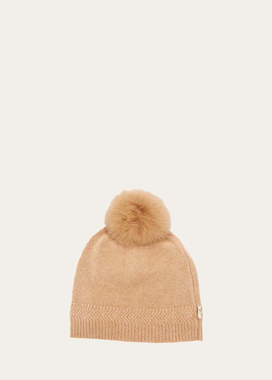 Image 1 of 1: Knit Cashmere Beanie Hat w/ Fur Pompom