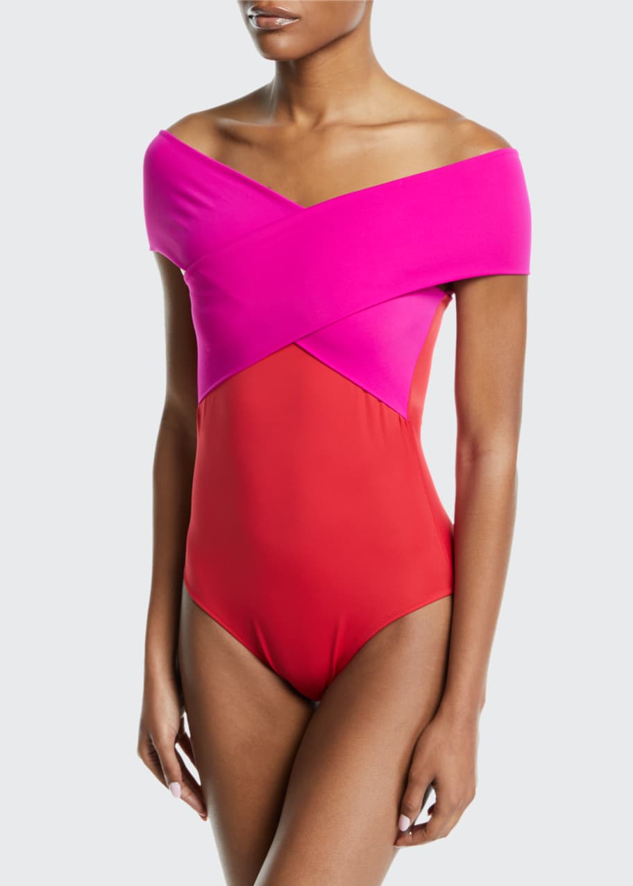Image 1 of 1: Zenia Off-the-Shoulder One-Piece Swimsuit