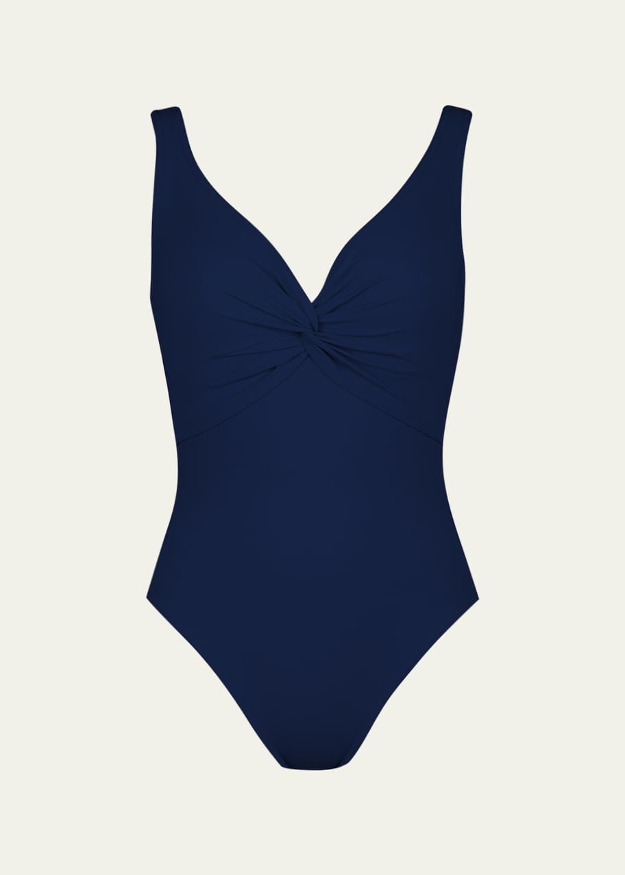 ★MANGOMANYPLEASE★ TINA SHIRRING ONE PIECE_NAVY Tahitian Tribe Floral Twist Front One Piece *FINAL SALE*