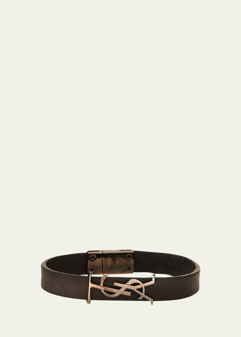 Saint Laurent Leather YSL Monogram Bracelet, Black, Size Small