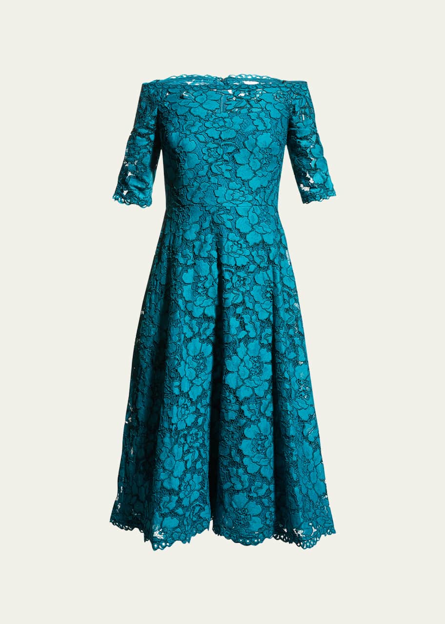 Rickie Freeman for Teri Jon Off-the-Shoulder 3/4-Sleeve Lace Dress -  Bergdorf Goodman