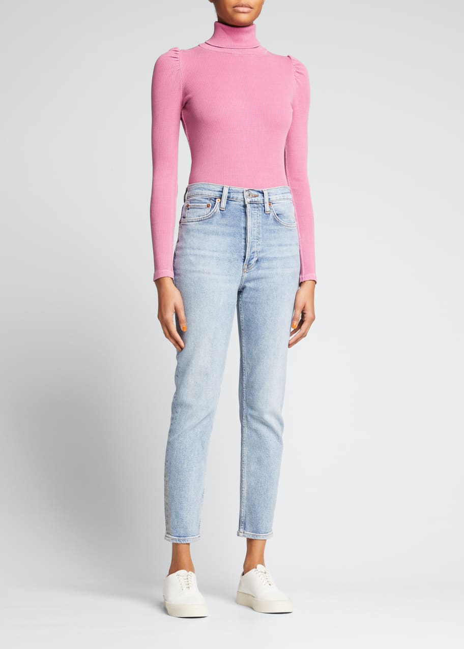 AMO Denim Puff-Sleeve Turtleneck Sweater Bergdorf Goodman