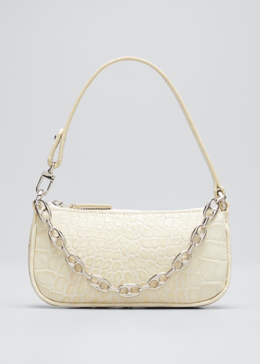 By Far white mini leather mock croc cross body bag