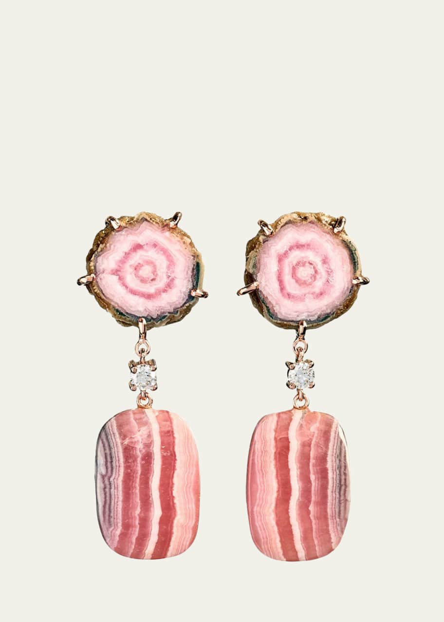 Image 1 of 1: 18k Bespoke 2-Tier One-of-a-Kind Luxury Earrings w/ Pink Stalactite, Rhodochrosite & Diamonds