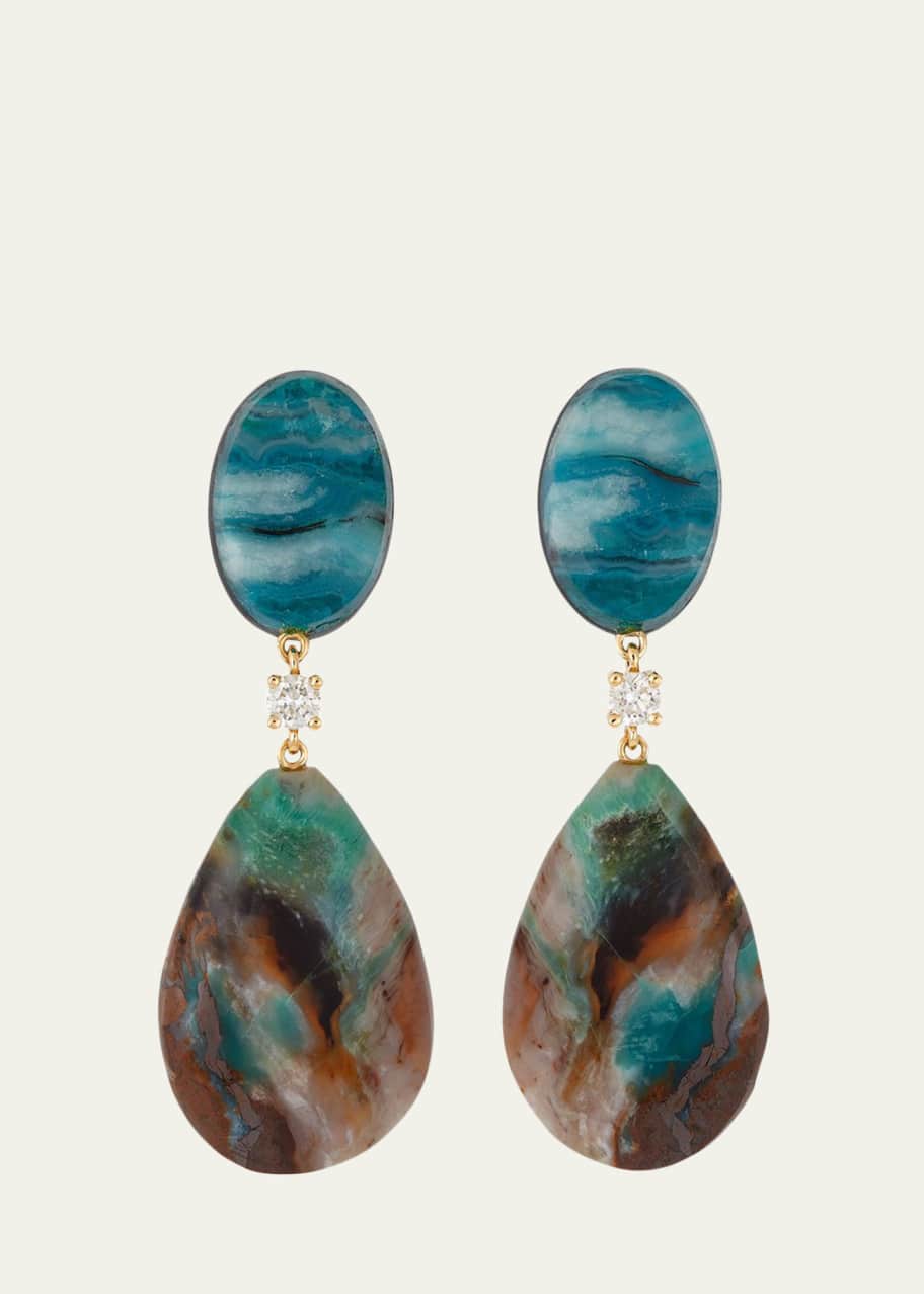 Image 1 of 1: 18K Bespoke 2-Tier One-of-a-Kind Luxury Earrings w/ Chrysocolla Malachite, Blue Opal Petrified Wood & Diamonds
