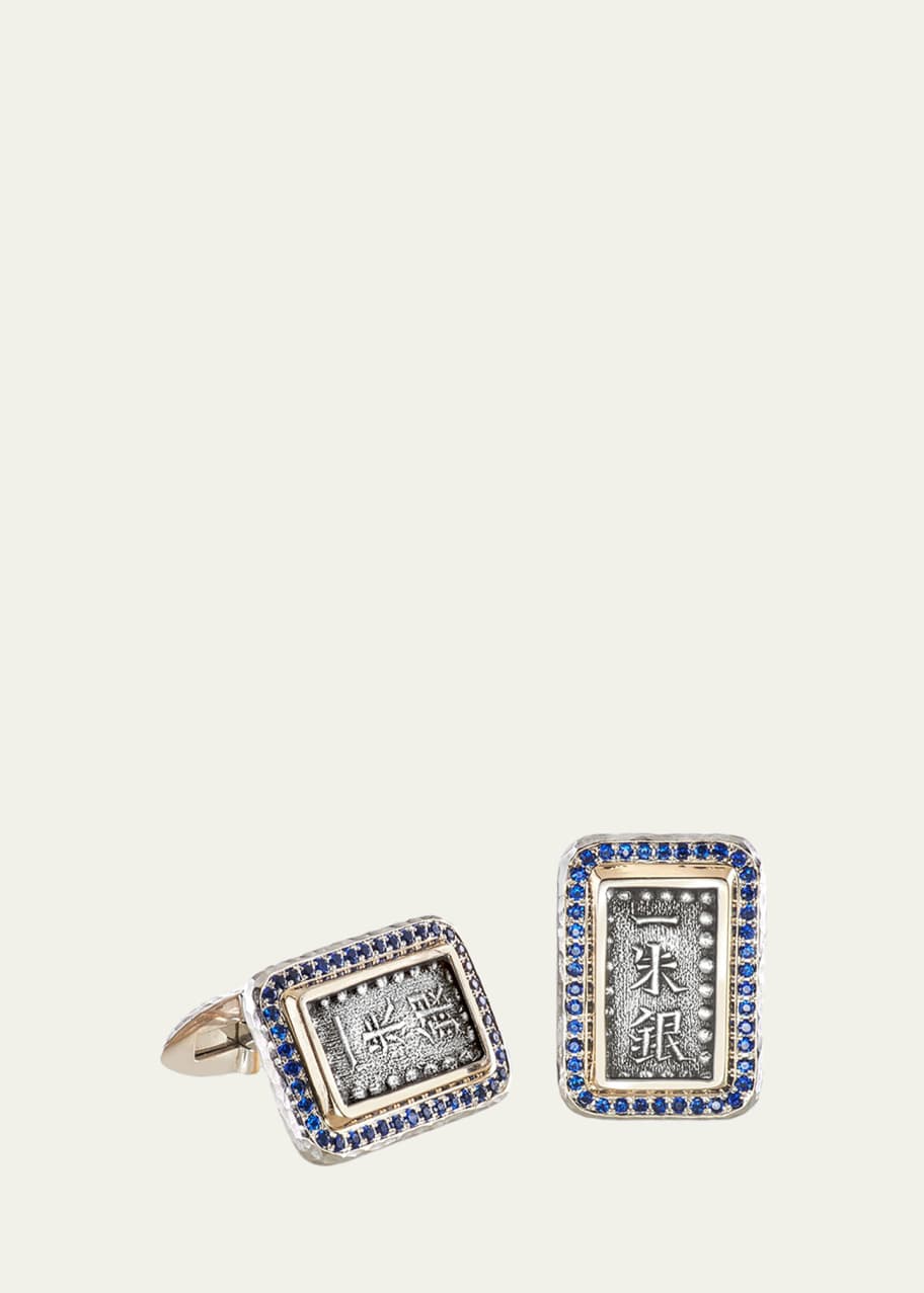 Image 1 of 1: 18K White Gold Ancient, Authentic Samurai Coin And Blue Sapphire Cufflinks
