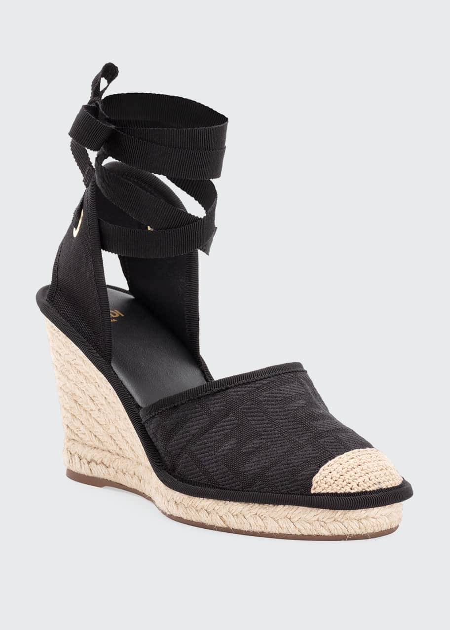 Image 1 of 1: FF Logo Ankle-Wrap Wedge Espadrilles