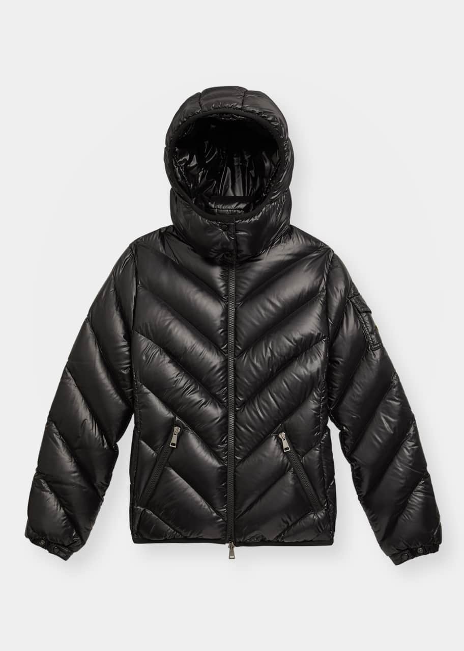 Brouel Chevron Nylon Laque Down Quilted Jacket with Attached Hood