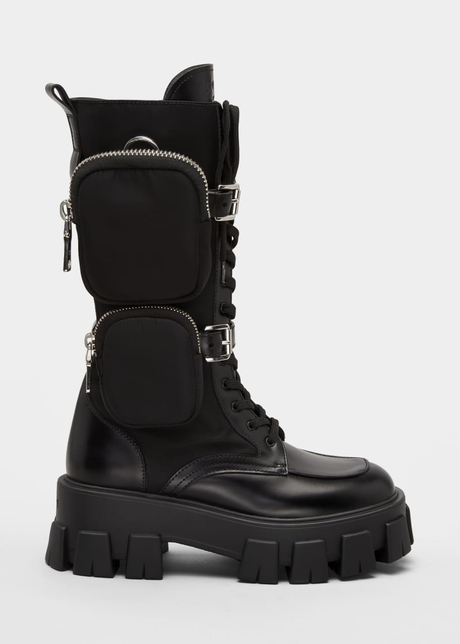 Image 1 of 1: Leather Zip Pocket Tall Combat Boots