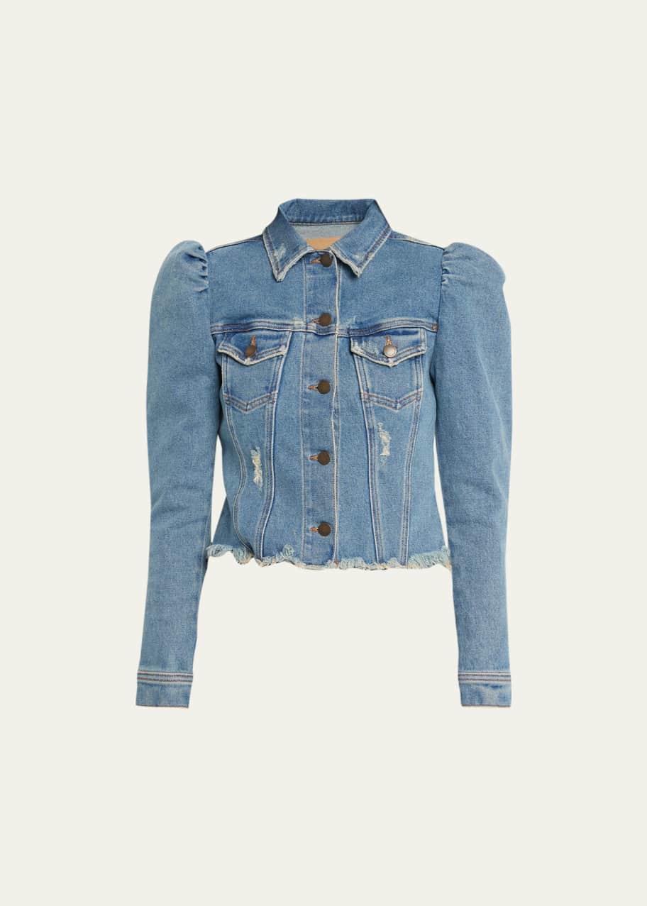 Puff sleeve distressed denim jacket sale