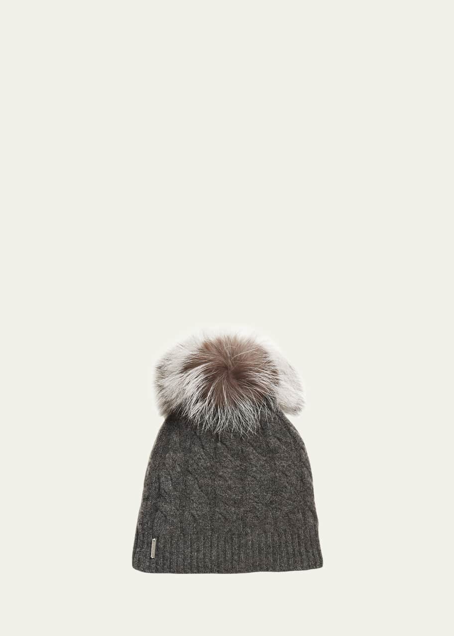 Image 1 of 1: Cashmere Cable-Knit Beanie with Fur Pompom