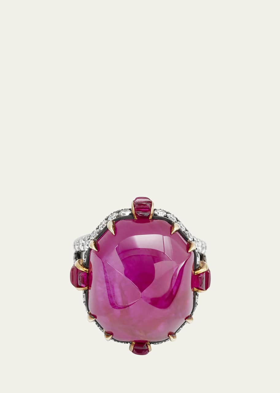 Image 1 of 1: Sugarloaf Cabochon Burma Ruby Ring with Rubies and Diamonds