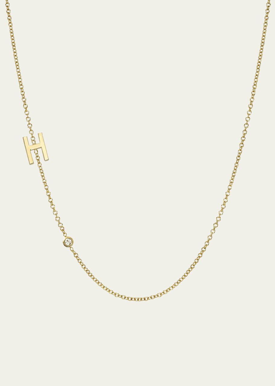 Image 1 of 1: 14k Gold Asymmetrical Initial and Bezel Diamond Necklace