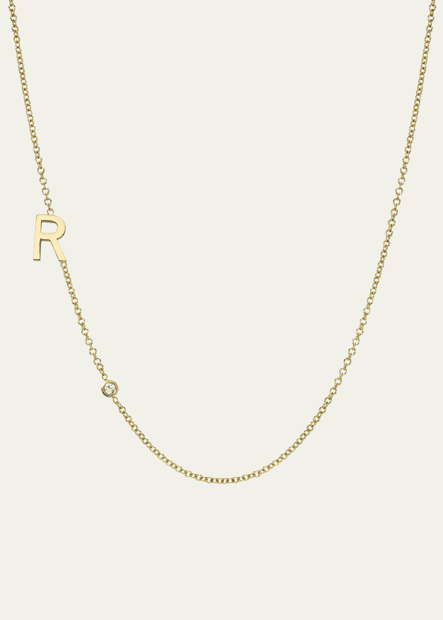 Image 1 of 1: 14k Gold Asymmetrical Initial and Bezel Diamond Necklace