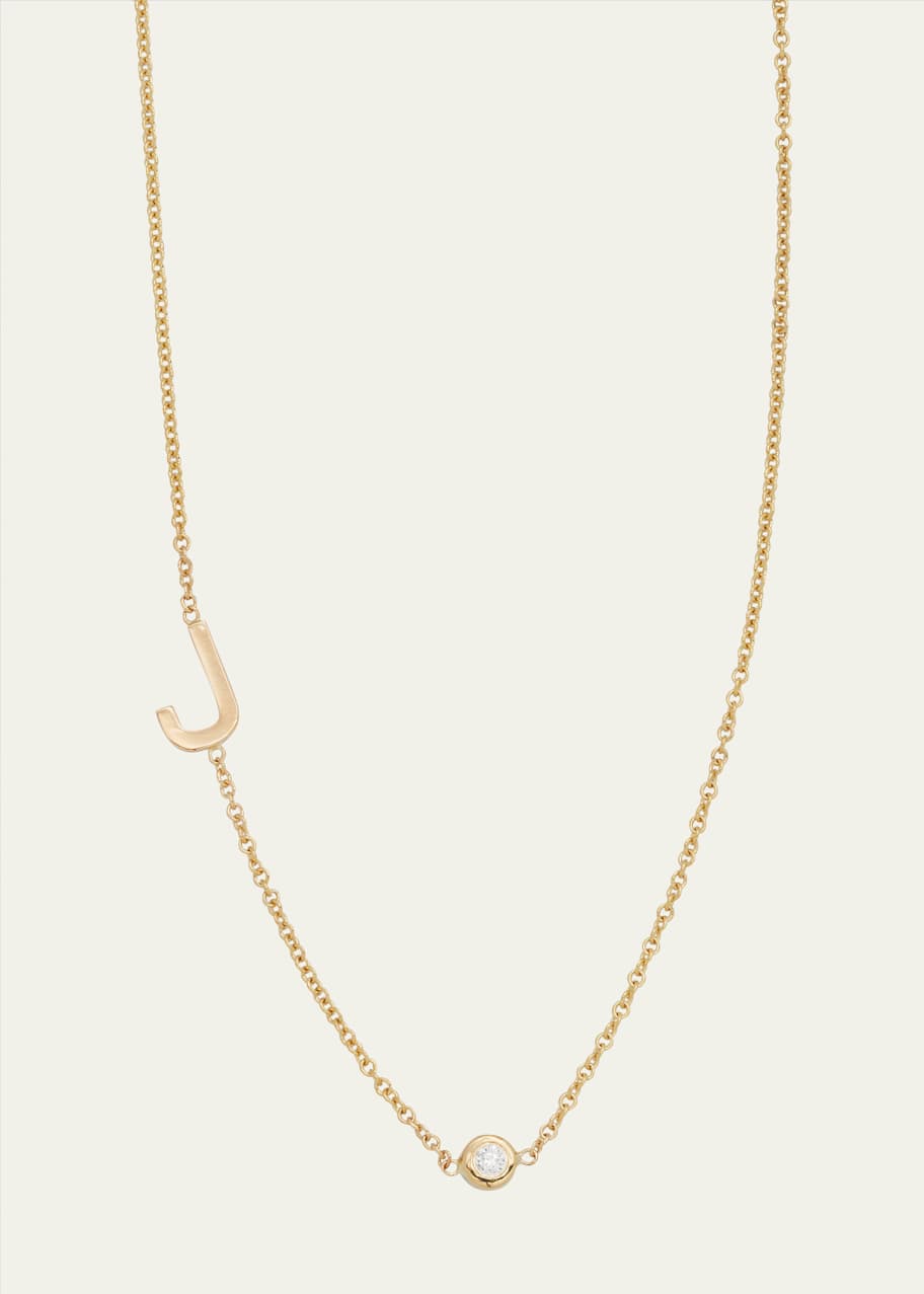 Image 1 of 1: 14k Gold Asymmetrical Initial and Bezel Diamond Necklace