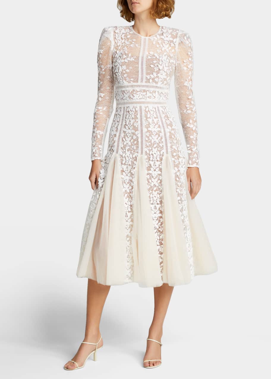 Bronx and Banco Megan Long-Sleeve Lace Overlay Midi Godet Dress - Bergdorf  Goodman