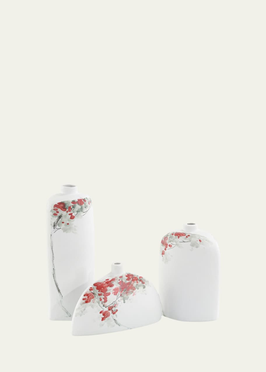 Image 1 of 1: Cherry Blossoms on White Porcelain Vases, Set of 3