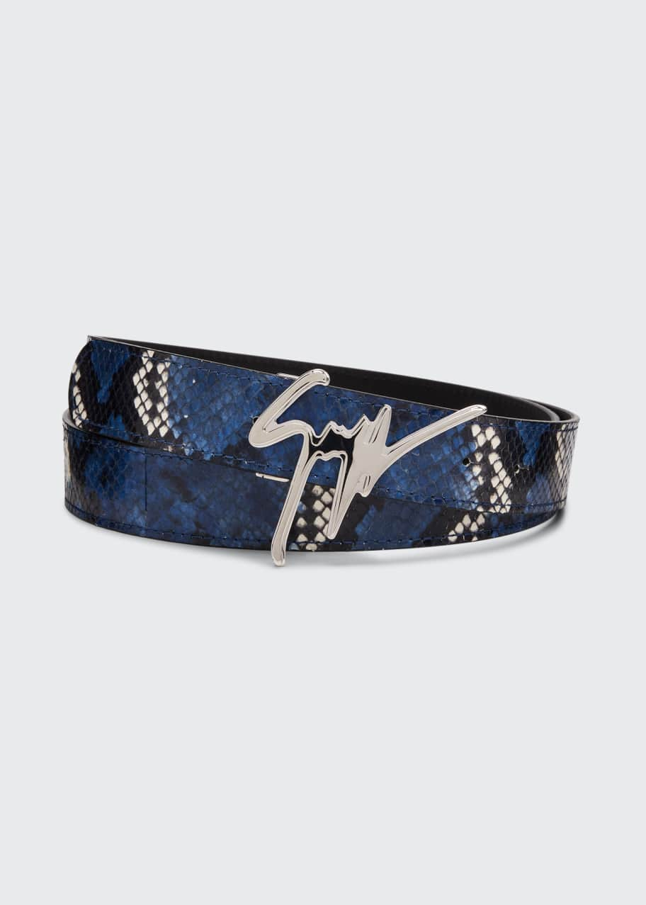 Giuseppe Zanotti Men's Reking Snake-Embossed Leather Logo Belt